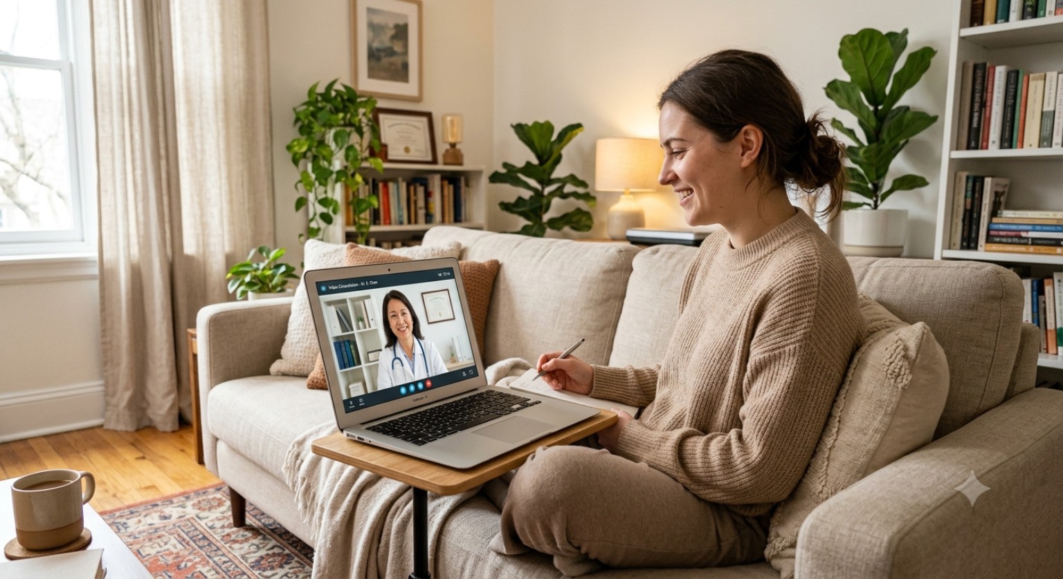 Patientin bei einer telemedizinischen Beratung zu Hause